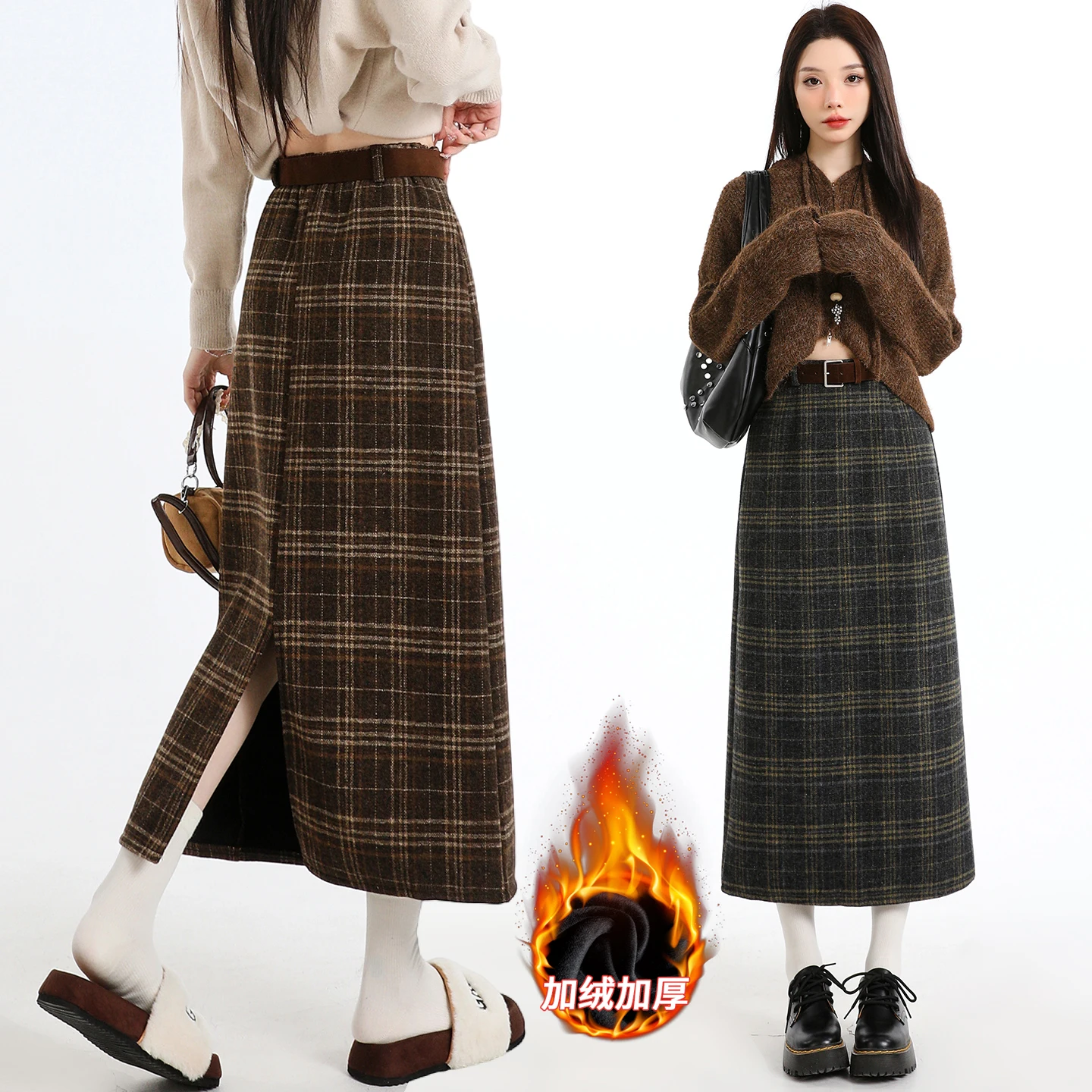 Women's Vintage Plaid Gray Fleece Tweed Midi Skirt High Waist Back Slit Straight A-line Skirt Winter Office Commute New Outfits