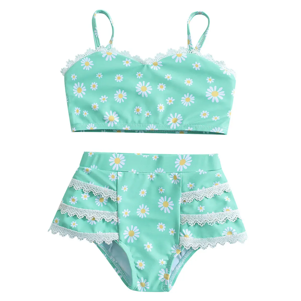 

Little Girls Two Piece Swimsuit Bikini Set Adjustable Straps Green Daisy Print Lace Summer Beach Bathing Suit 1-7 Years Kids