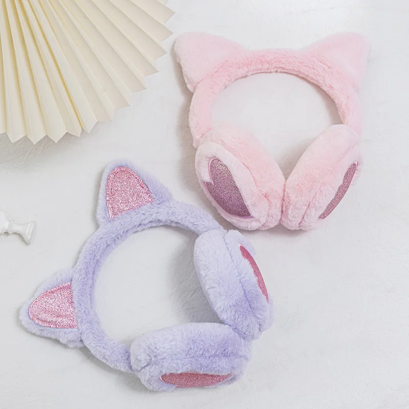 Cute Glitter Cat Ear Earmuff Soft Plush Warmer Winter Warm for Women Men Fashion Solid Earflap Outdoor Cold Protection Ear Cover