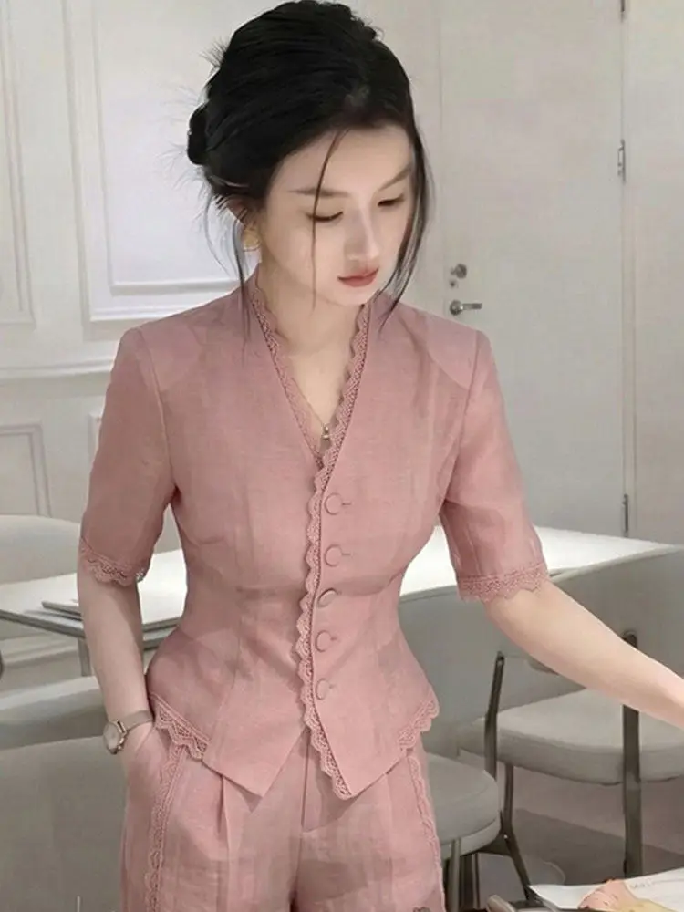 Elegant Summer Tea Break Casual Set Women's Slimming Waist High Waist Pants Two Piece Suit V Neck Button up Short Sleeve