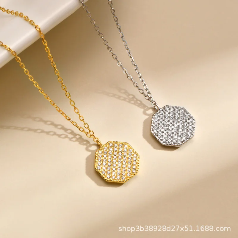 Pure Silver S925 Octagonal Necklace,Cross Chain, Gold-plated Geometric Collarbone Chain, Versatile, High-end, Light Luxury Style