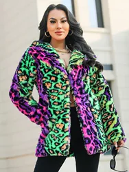 New Neon Glitzy Leopard Print Autumn Winter Coat With Suspenders Hood Mid-Length For Warmth And Comfort Faux Fur Coat Women