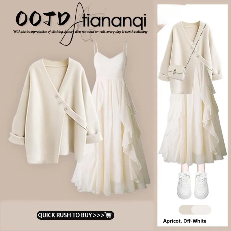 

Soft Breeze Women's Faion Set Autumn New Sle Small Fraance Wind Jaet Strap Dr High-End Feeling Two-Piece Set