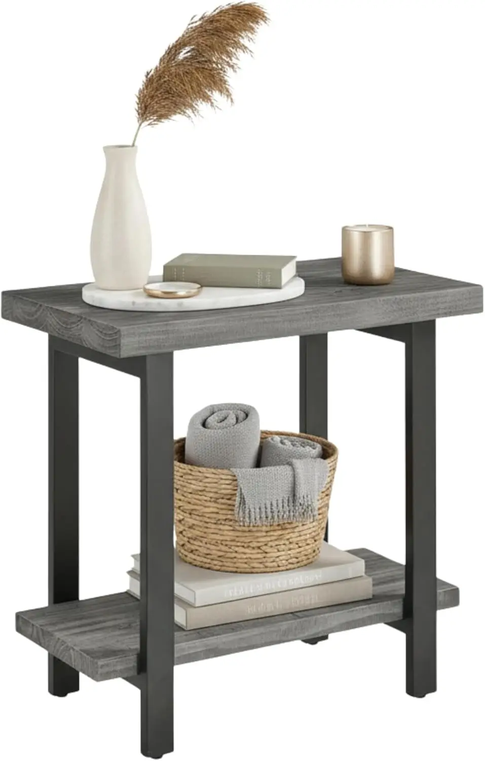 

Приставной столик Pomona из металла и дерева, 2-уровневый, для гостиной, в деревенском стиле, натуральная отделка из массива дерева, 2 полки, цвет сланцево-серый