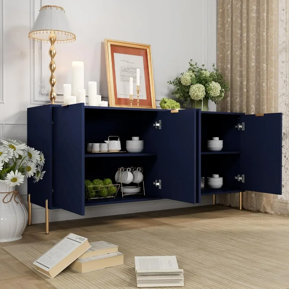 63 Inch Storage Cabinet With 4 Doors，Free-Standing Sideboard With Gold Legs,with Adjustable Shelf,living Room Cabinets