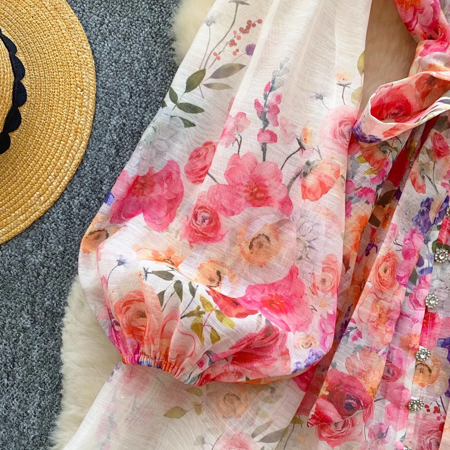 Sommer Urlaub Wunderschöne Blume Strand Kleid Weibliche Lange Laterne Hülse Stehkragen Einreiher Gürtel Spitze Up Party Vestidos