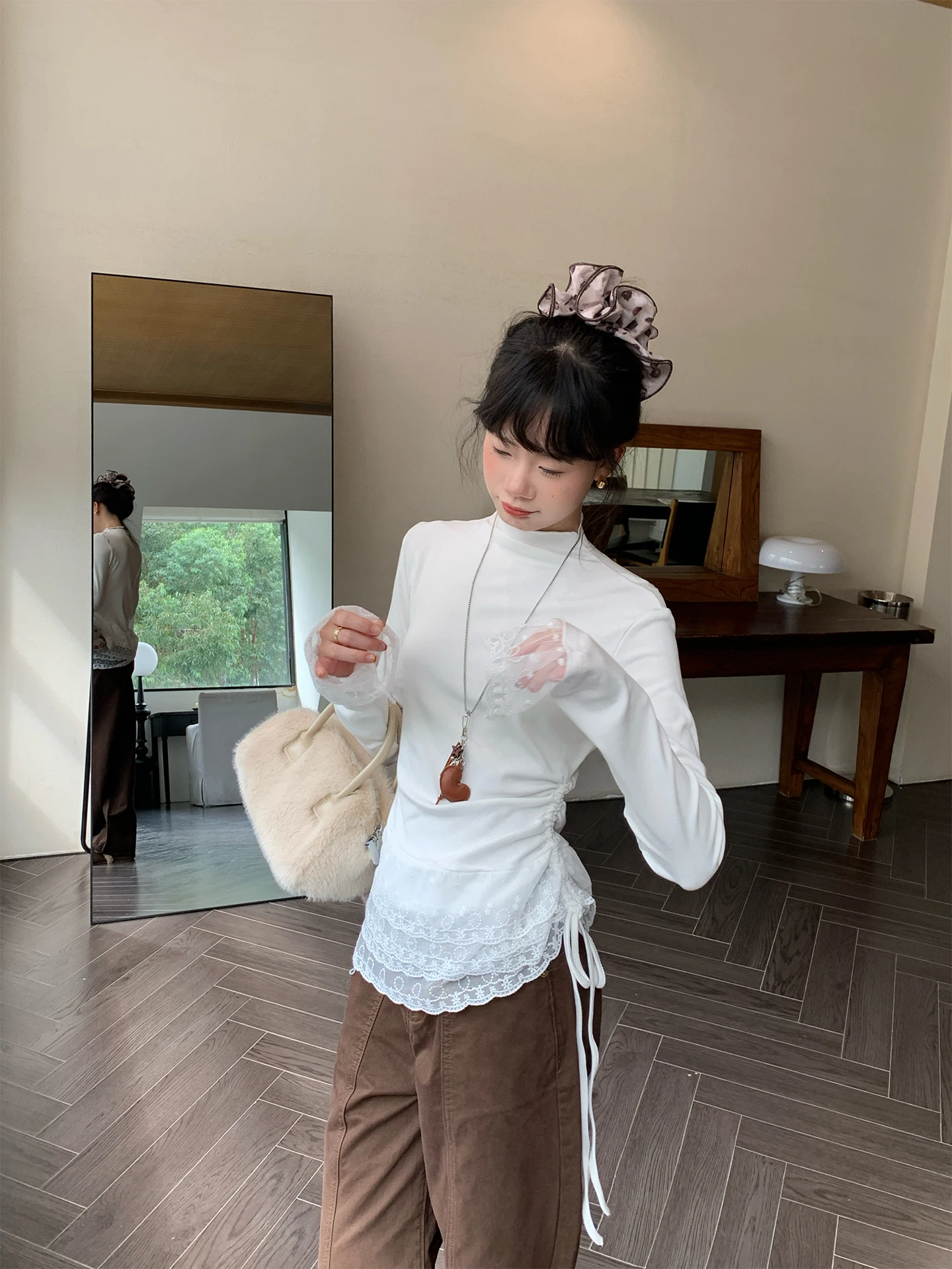 

FAN Korean Sle Long Sve Fce Lined Csole Women's Top Layered Wear Lace Trim Base irt Autumn Winter New Ele