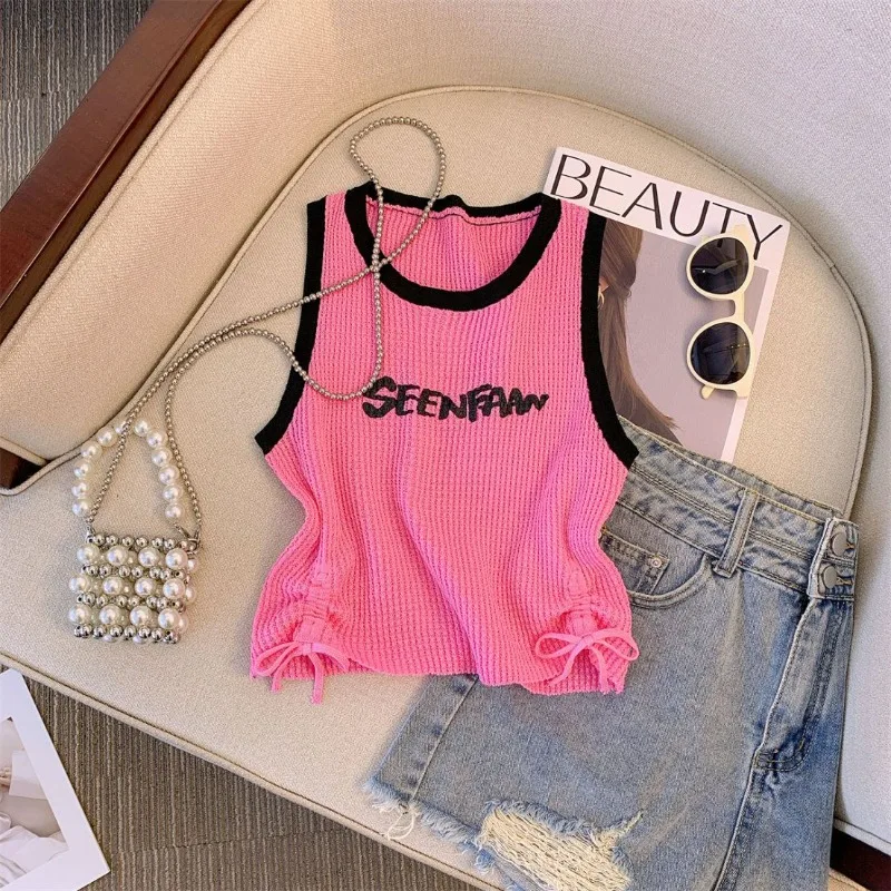 Dopamine Letter Knitted Strappy Vest New 2024 Hot Girl Figure-fitting Slimming Short Sleeveless Top Trendy Women Clothes