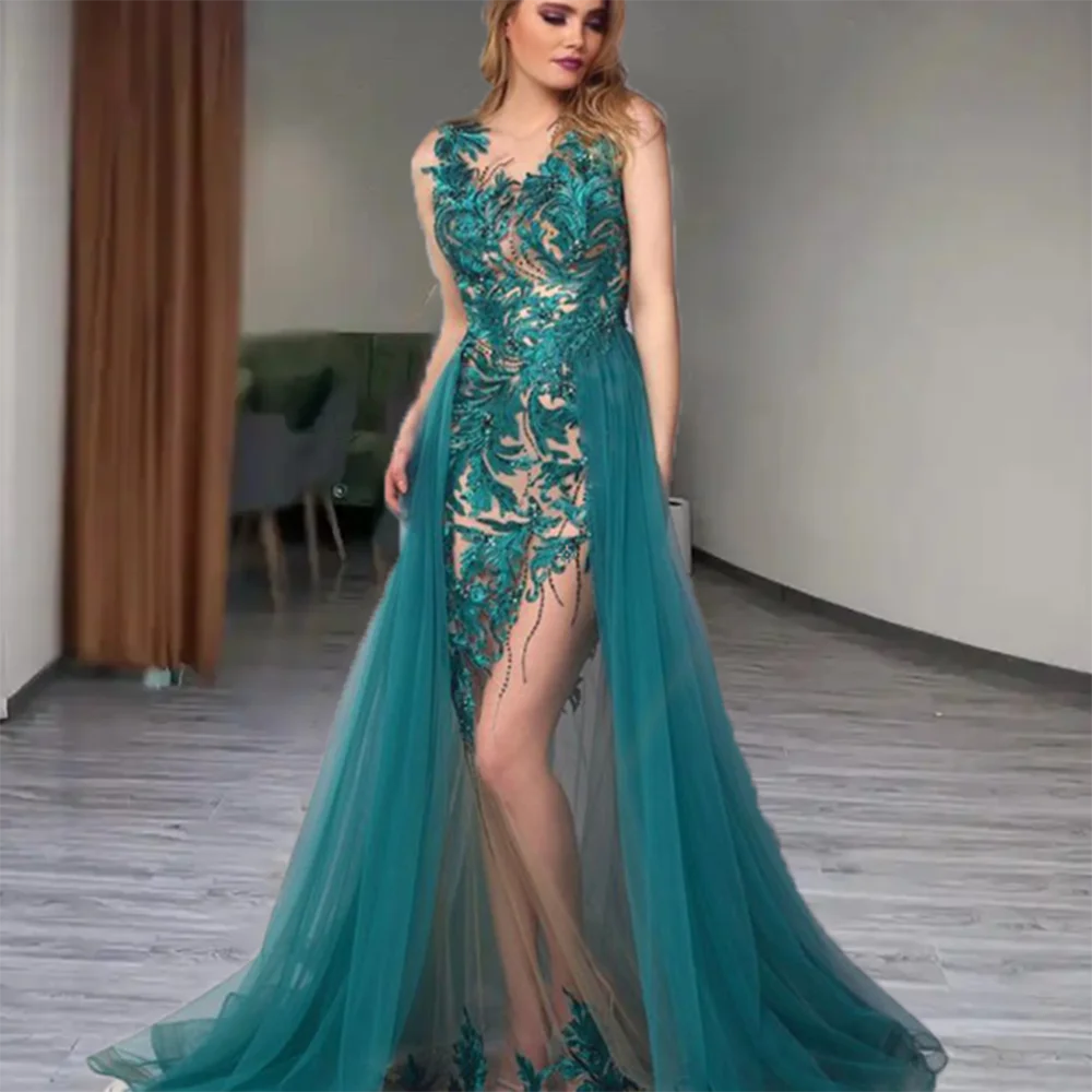SILIWEYA-Robes de RhA-ligne pour femmes, appliques bleues et vertes, longueur au sol, sexy et élégantes, robes de soirée pour femmes, quel que soit
