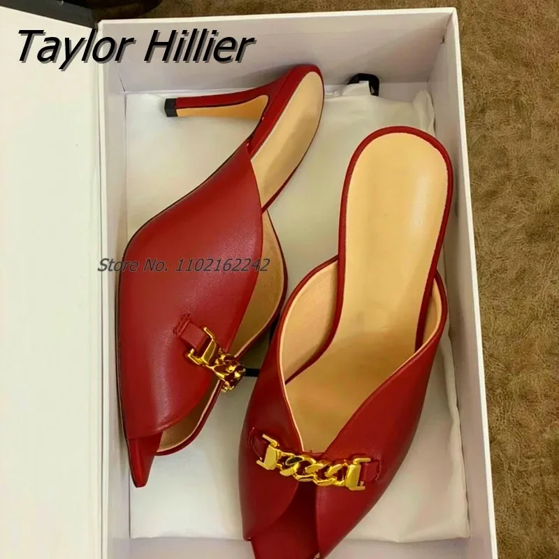

New Shallow Mouth Retro Pointed High Heel Slippers Open Toe Metal Chain Stiletto Mules Casual Outer Wear Summer Sandals Custom