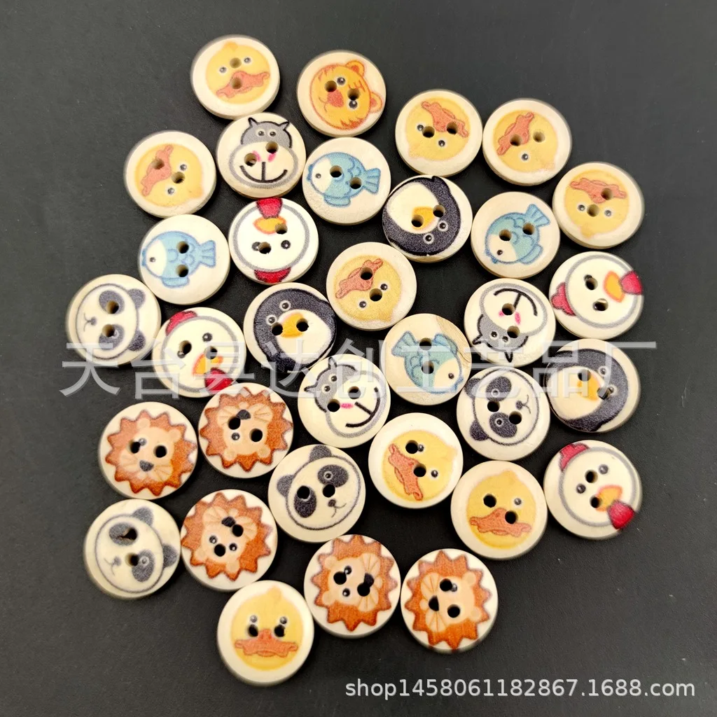 15mm kolorowe drukowane guziki z mieszanych drewna z motywem zwierzęcym DIY materiały do rękodzieła dla dzieci do kolażu 100 sztuk/worek