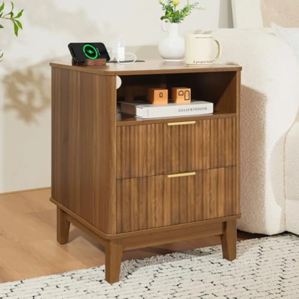 Night Stand with Charger Station, Fluted Nightstand with Drawers and Storage Shelf, Mid Century Modern Bedside Table