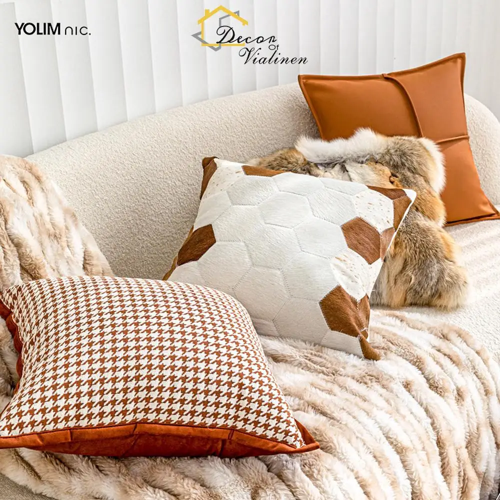 

Nordic ins Orange Thousand Bird Grid Pillow Cover Modern Simple Living Room Sofa Pillow High end Cowhide Cushion Fox Hair