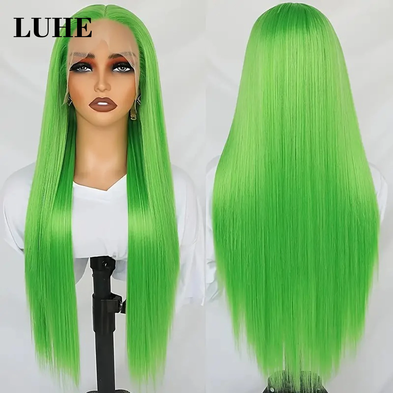 Green Synthetic 13x3 Lace Front Wigs for Black Women Cosplay 26 Inch Long Straight Heat Resistant Fiber Hair Lace Frontal Wigs