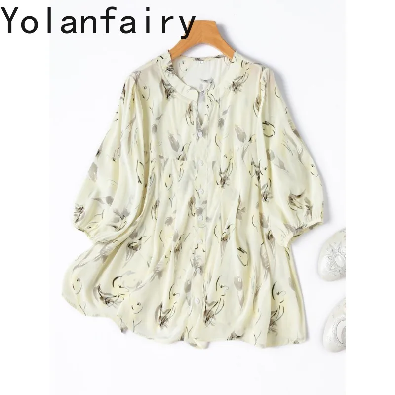 

YOLANFAIRY 93% натуральные шелковые блузки из тутового шелкопряда для женщин: элегантные летние рубашки, свободные повседневные топы с рукавами-фонариками