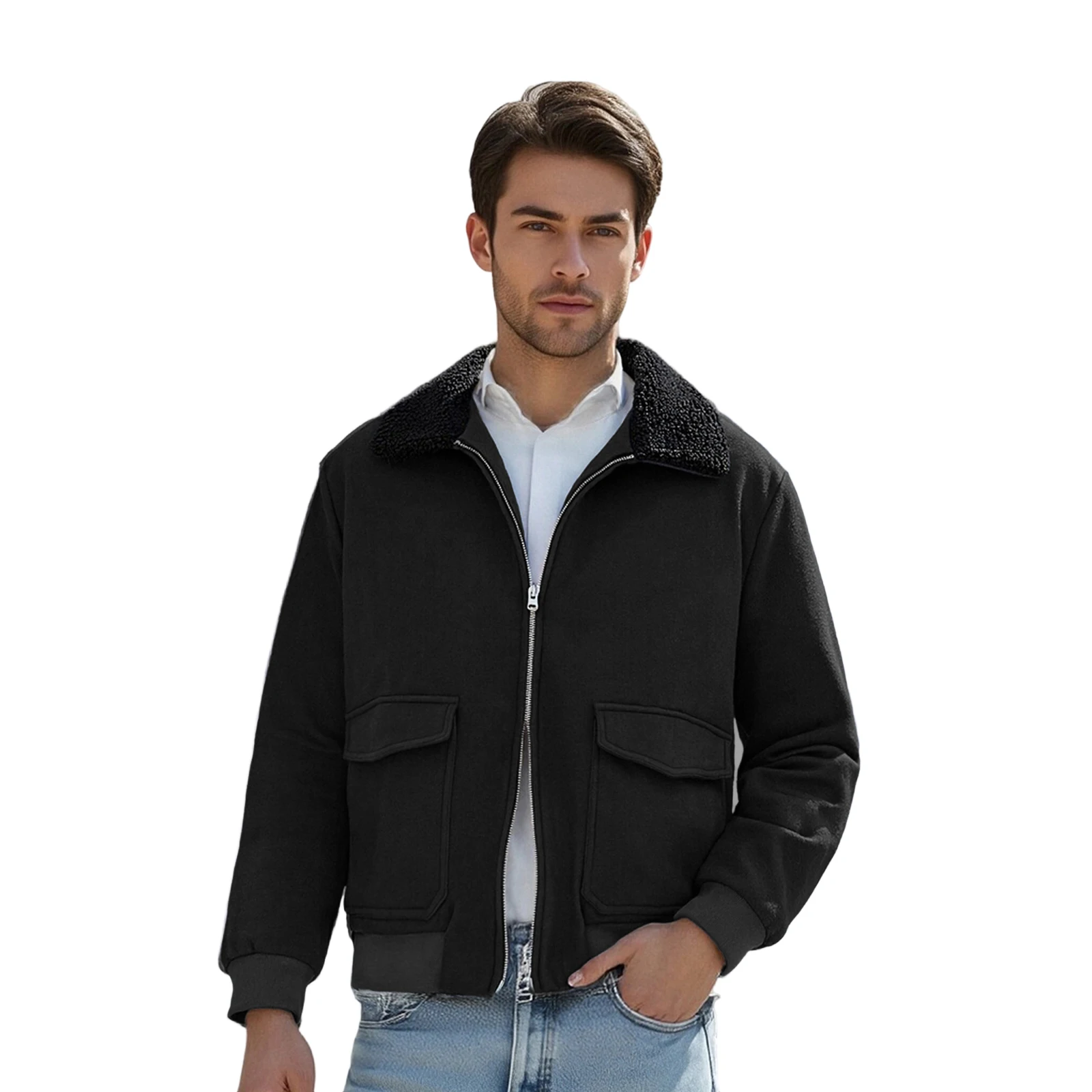 

Men s Autumn Winter Coat Long Sleeve Plush Turn Down Collar Solid Color Zip Up Jacket