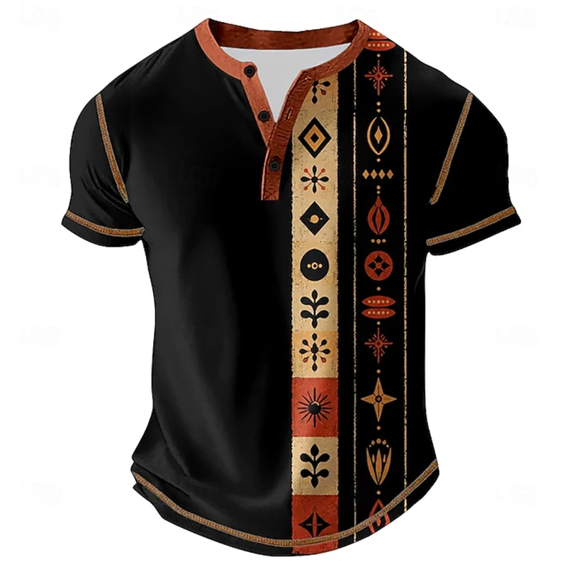 New Men's Casual Henley T-Shirt Tribal Ethnic Geometric Print Short-Sleeve Color-Blocked Trim Everyday Button-Down Top