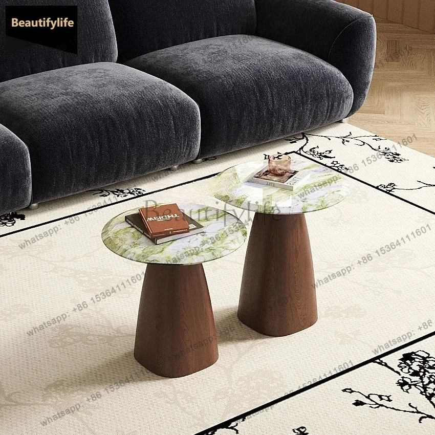 jj58  Vintage Solid Wood Round Side Table for Home, Zen Style Living Room Sofa Corner Table, Indian Green Natural Marble