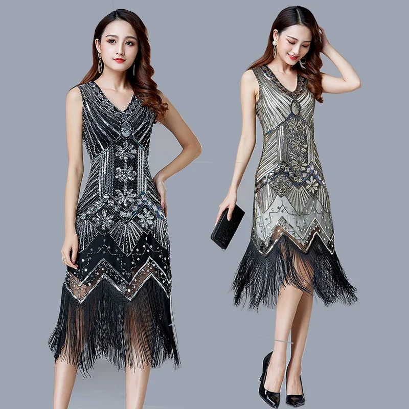 

1920s Vintage Inspired Sequin Embellished Fringe Long Gatsby Flapper Dress V-Neck Cap Sleeve Geometric Fancy 20s Party Dress