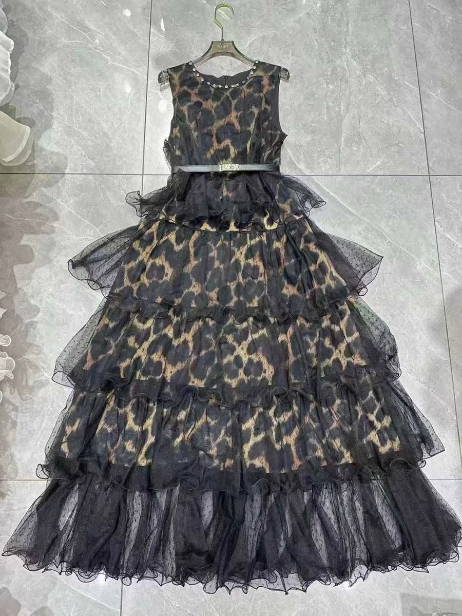 فساتين VGH أنيقة بطباعة الفهد بقماش شفاف للنساء بياقة دائرية بدون أكمام وخصر عالٍ وكشكشة مرقعة للحفلات فستان ماكسي للسيدات #3