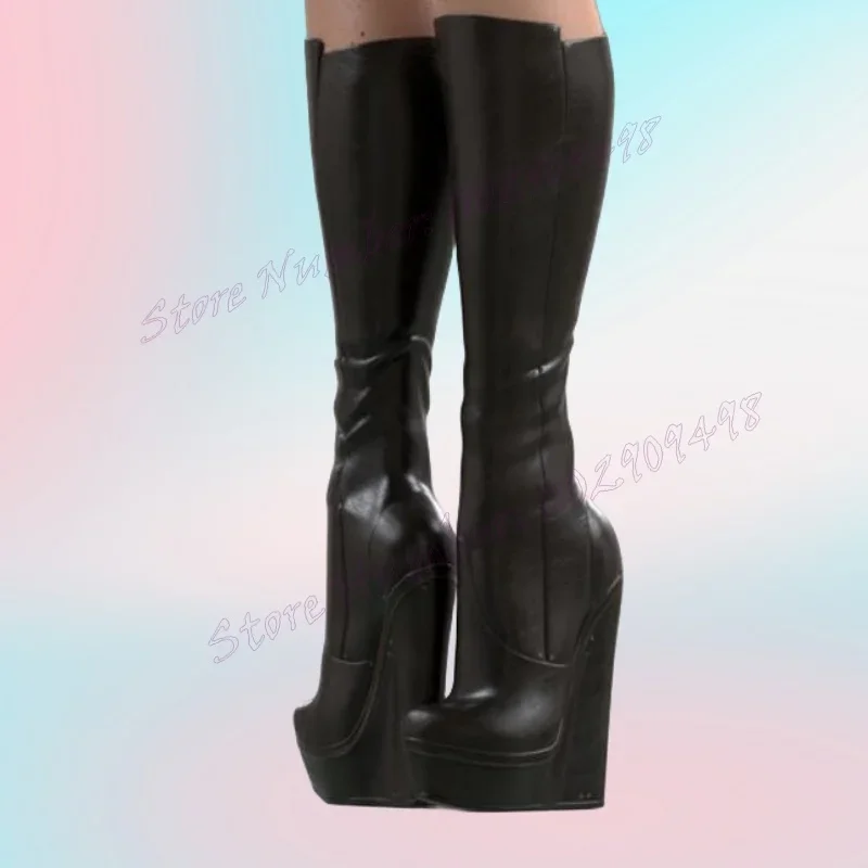 

Black Wedges Heels Knee High Boots Matte Leather Platform Shoes for Women New Style Sexy Lady Shoes 2024 Zapatos Para Mujere