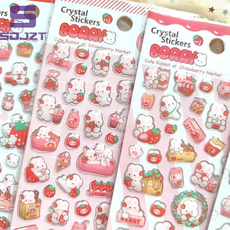 1Pcs Erdbeere Kaninchen Rosa Nette Kristall Epoxy Kinder Cartoon Dekorative Aufkleber DIY Scrapbooking Telefon Gepäck Skateboard Aufkleber