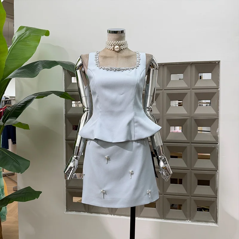 Ele Spring Summer ort f Skirt And Vest Set with Diamond Decoration Slimming High Waist Square Collar Faionable