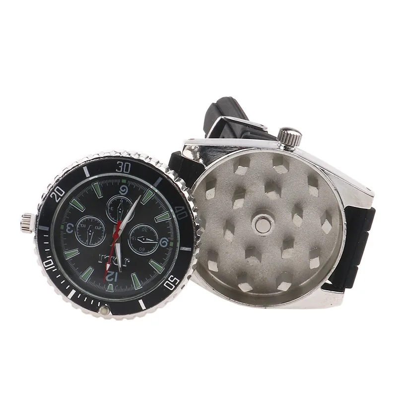 New Hot Sale Watch Grinder Black Zinc Alloy Herb Spice Tobacco Grinder Cigarette Crusher Wristwatch Smoking Set Men Gift