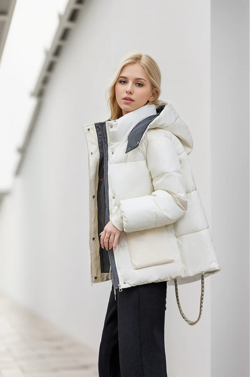 2024 Winter Women Hooded Parkas Thickened Warm Down Cotton Bread Jacket Fashion Color-Blocked Large Pocket Casual Cropped Coat