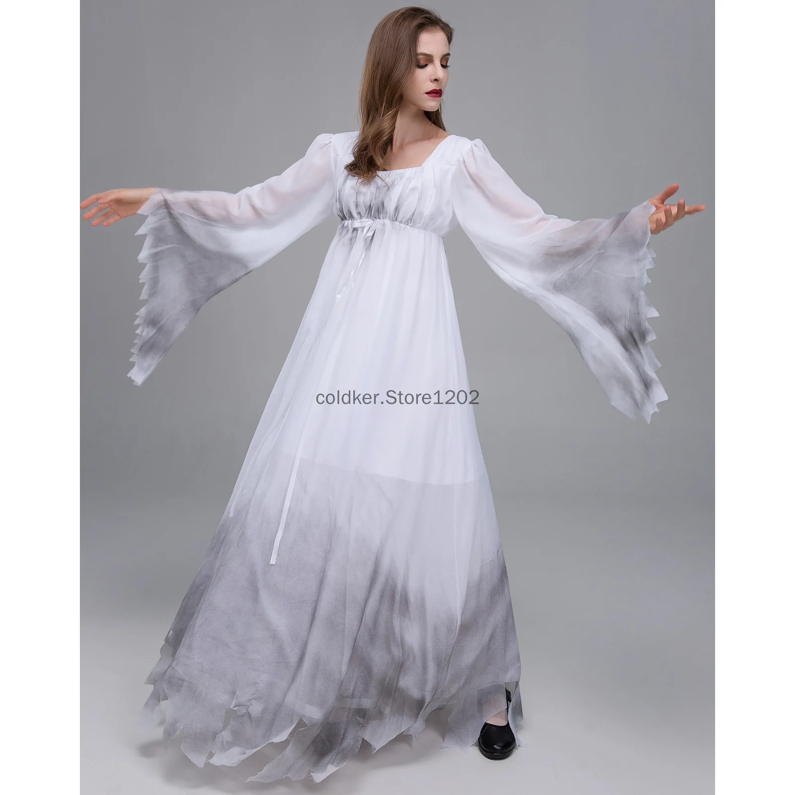 Adult Women Gossamer Ghost Bride Costume Dress White Gothic Victorial Scary Spooky Zombie Halloween Cosplay Dress Up