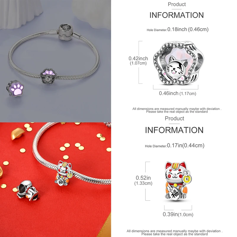 925 Sterling Silber Hund Katze Pfotenabdruck Charm Perlen Glücksbringer Katze Haustierliebhaber Herz DIY Armband Halskette Geschenk für Frauen Mädchen – Detail 6