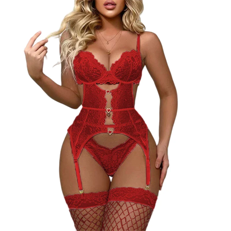 Lace Underwear Set With Stockings Hot Garter Belt Body Suit Erotic Costumes Women Lingerie Curve Tight Teddy Lingeries Bodysuit