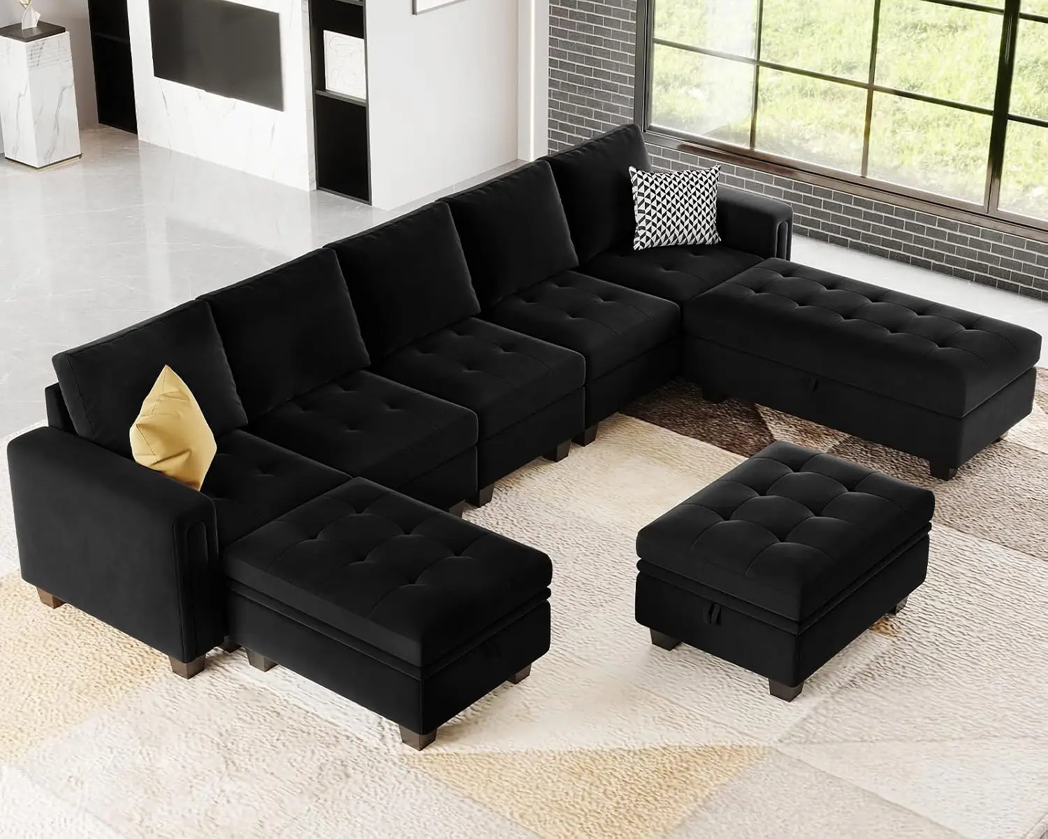 Velvet U Shaped Modular Sectional Sofa with Reversible Chaise & Storage Ottoman, Black, Customized