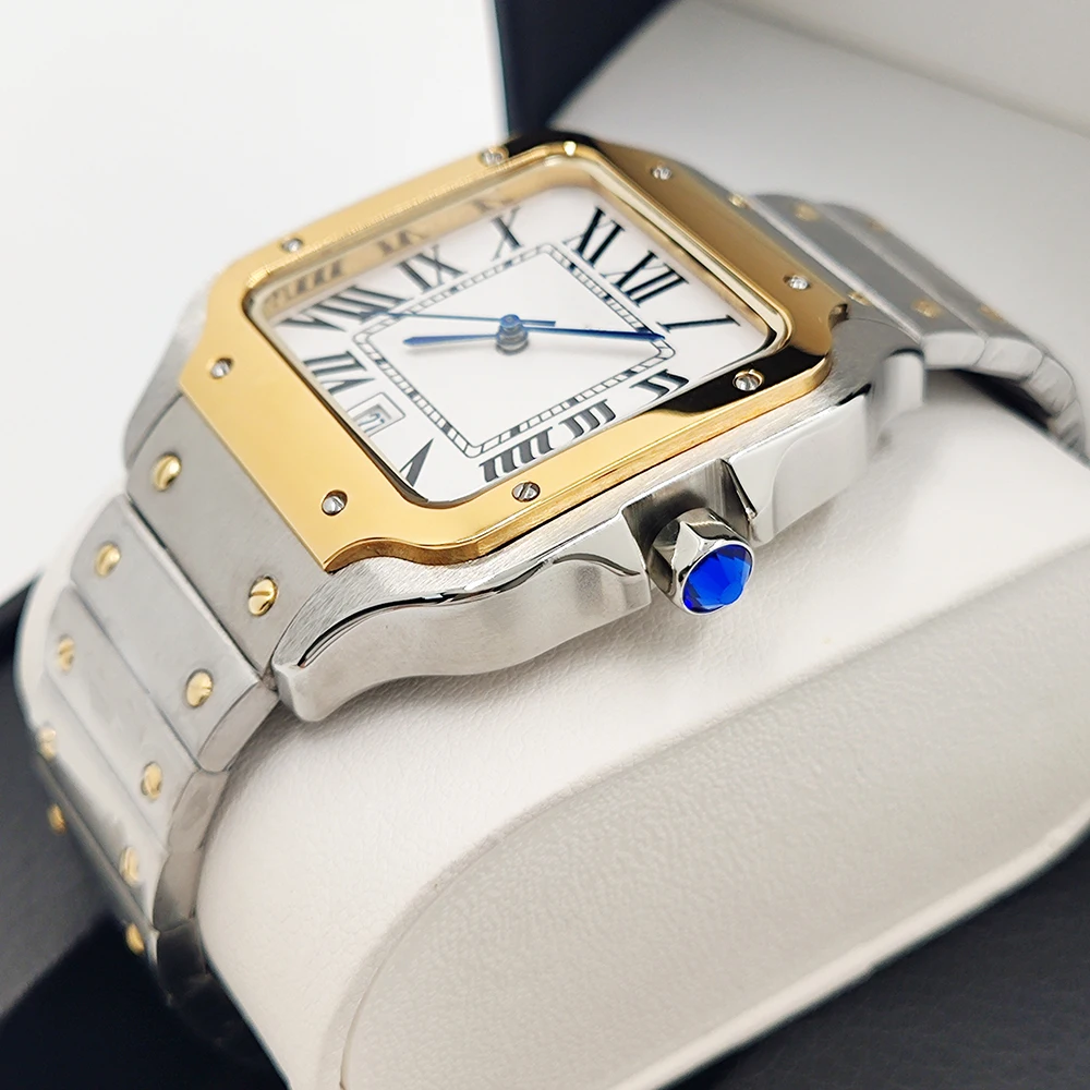 Square men's and women's watches, men's and women's automatic watches, stainless steel bamboo strap casual watches