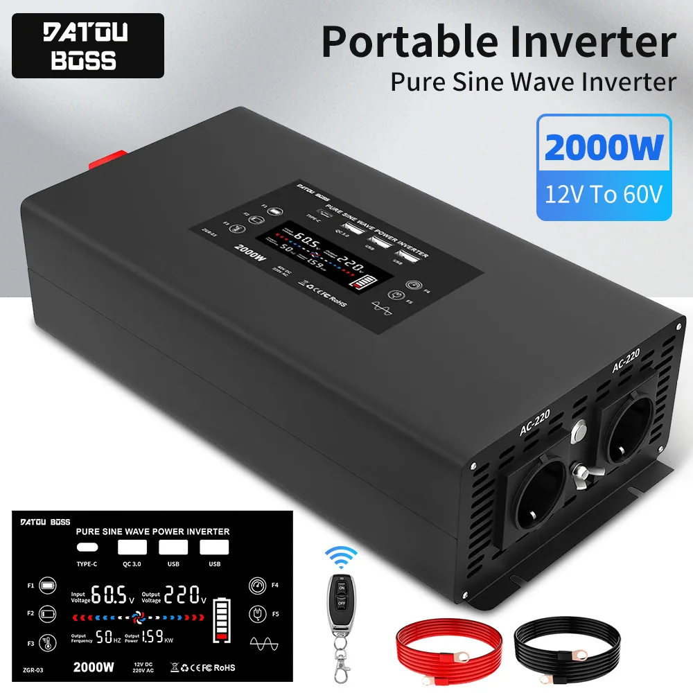 DATOUBOSS DN-03 Pure Sine Wave Inverter Continuous Power 2000W Peak Power 4000W Voltage Converter DC To AC Power Car Inverter