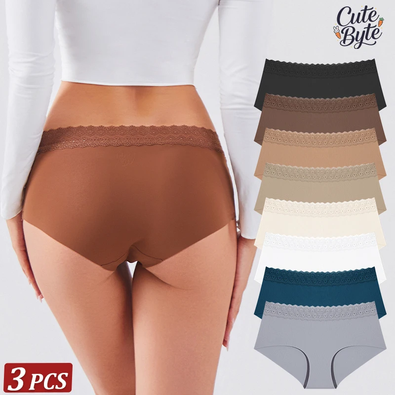 FINETOO 3-teiliges Set Sexy Hohle Spitzen-Slips Mädchen-Unterwäsche Elastische Damen-Slips mit Niedriger Taille Nahtlose Weiche Bequeme Dessous