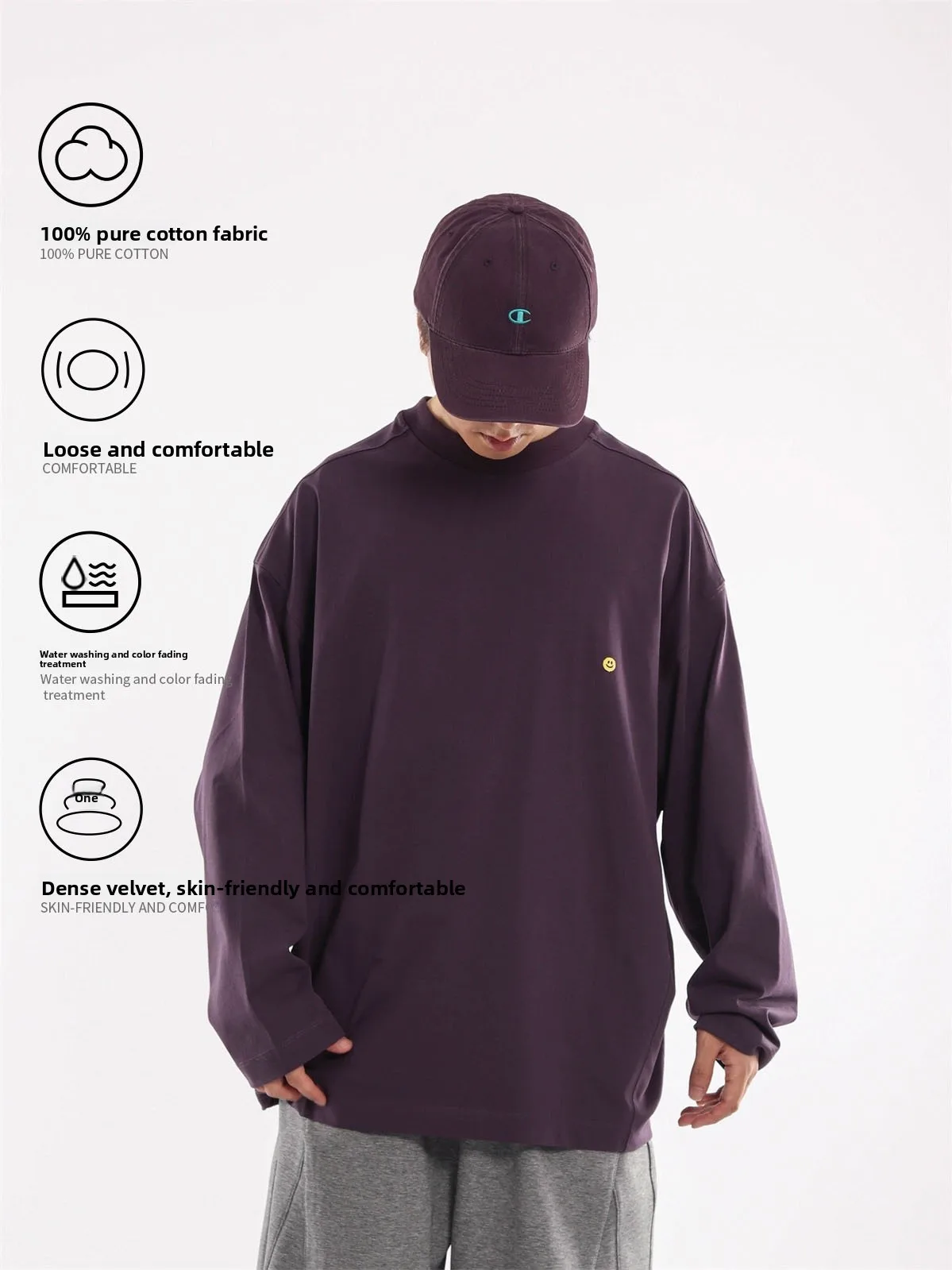 Heavyweight Pure Cotton Long Sleeve T-Shirt Spring Autumn Loose Fit round Neck Men's Design Sense Sweat Absorbent Breathable
