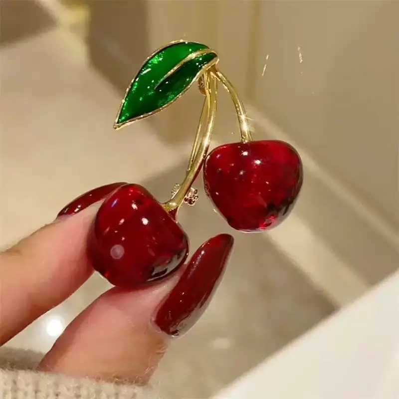Crystal Red Cherry Brooches for Women Clothing Cute Alloy Green Leaves Fruit Enamel Pins Party Fashion Jewelry Accessories Gifts