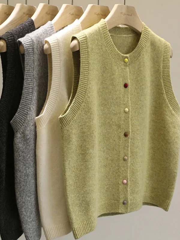 Korean Style Knitted Vest Top Women's Casual Layering Color Buckle Sweater Backless Cardigan Spring Autumn Fashionable