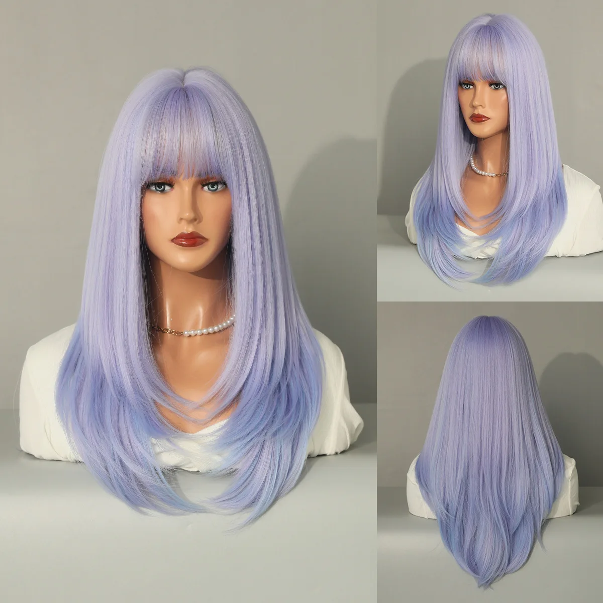 

Purple Wig Straight Hair Pink Brown Long Straight Hair Layered Chemical Fiber Long Hair