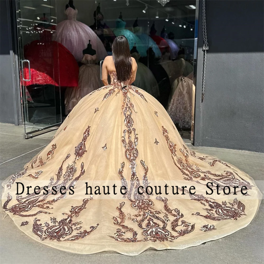 Vestido De quinceañera De encaje champán De México, vestido De baile 2024, apliques De lentejuelas, vestido De princesa dulce 16, Vestidos De corsé De XV 15 años