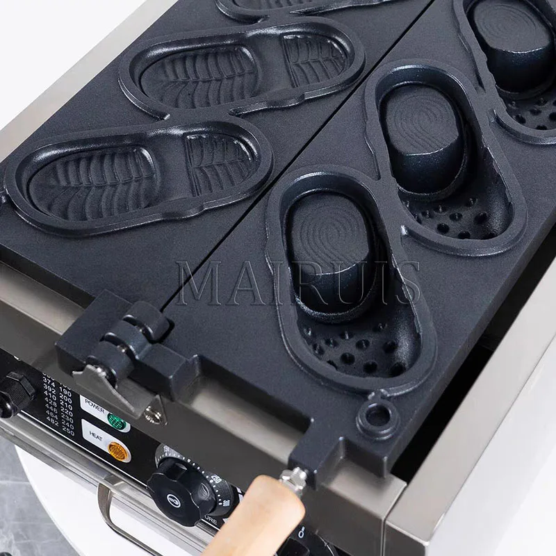 4구 새 디자인 상업용 전기 논스틱 스테인리스 스틸 구멍 신발 와플 메이커 기계 슬리퍼 모양 스낵 장비