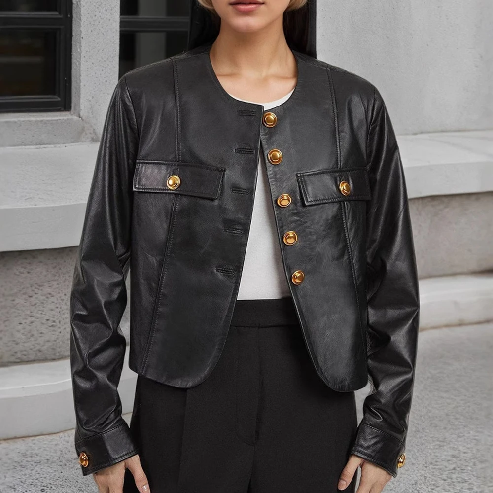 سترة نسائية قصيرة من جلد البولي يوريثان بأكمام طويلة ورقبة دائرية وإبزيم معدني مزين باللون الأسود والذهبي والأزياء الأوروبية الأمريكية