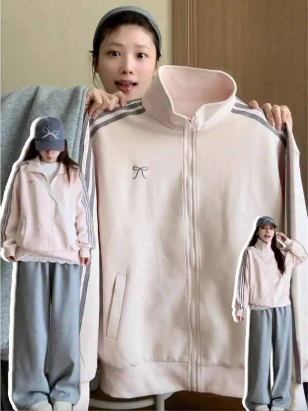 

Autumn Winter 2026 Women's Zipper Hoodie Thiened Long Sve Stand Collar Pink Fce Outerwear Casual Comfortable Streetwear