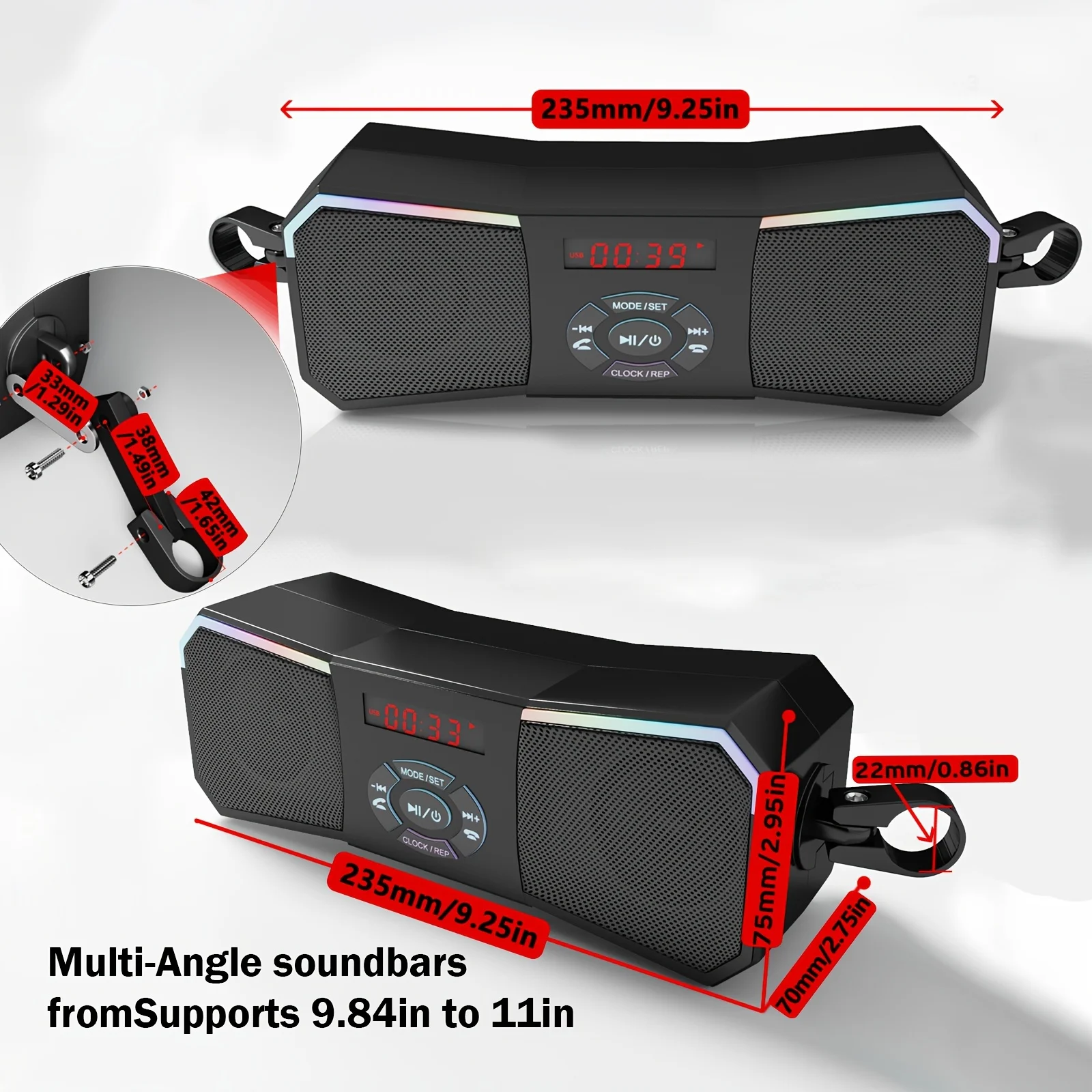 Off-Road Motorcycle Speakers 12V Wireless Stereo Audio System Handlebar Mount MP3 Player AUX-in USB FM Radio No Charging Functio