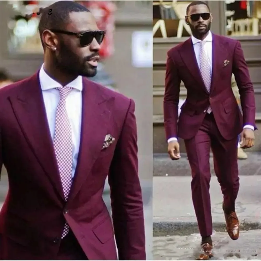 

African Wine Red Wedding Tuxedos Peak Lapel Groom Wear Men Suits Costume Homme Mariage Best Man Blazer Two Pieces (Jacket+Pants)