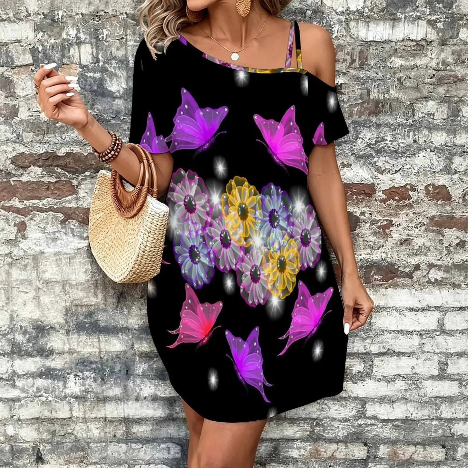 Women Print Cold Shoulder Short Sleeve Mini Dress Irregular Off Shoulder Casual Loose Tunic Dress