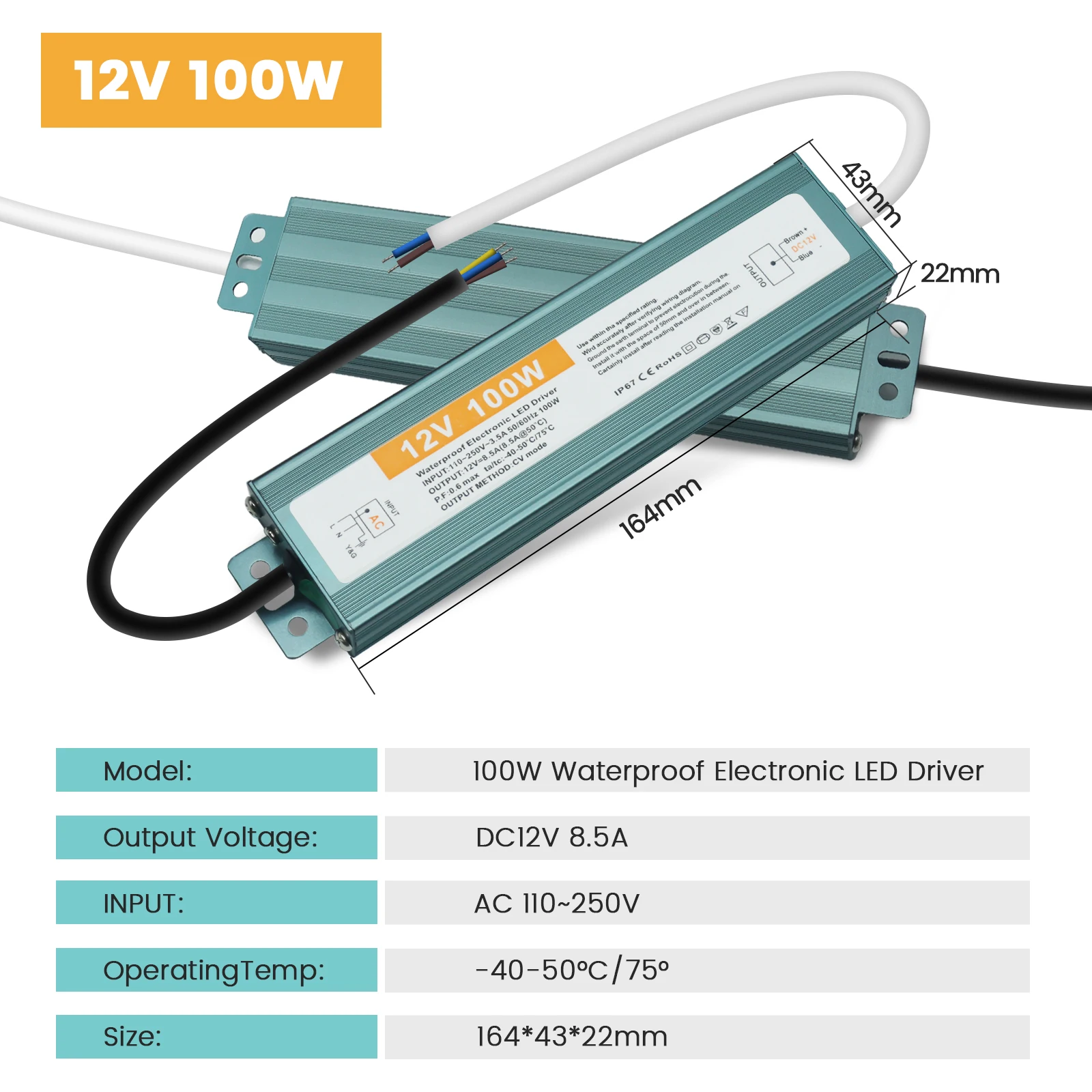 IP67 Wasserdichter LED-Netzteiltreiber AC 110 V 240 V auf DC 12 V 24 V 36 W 60 W 80 W 100 W 300 W 400 W 500 W 600 W Transformator-Adapter