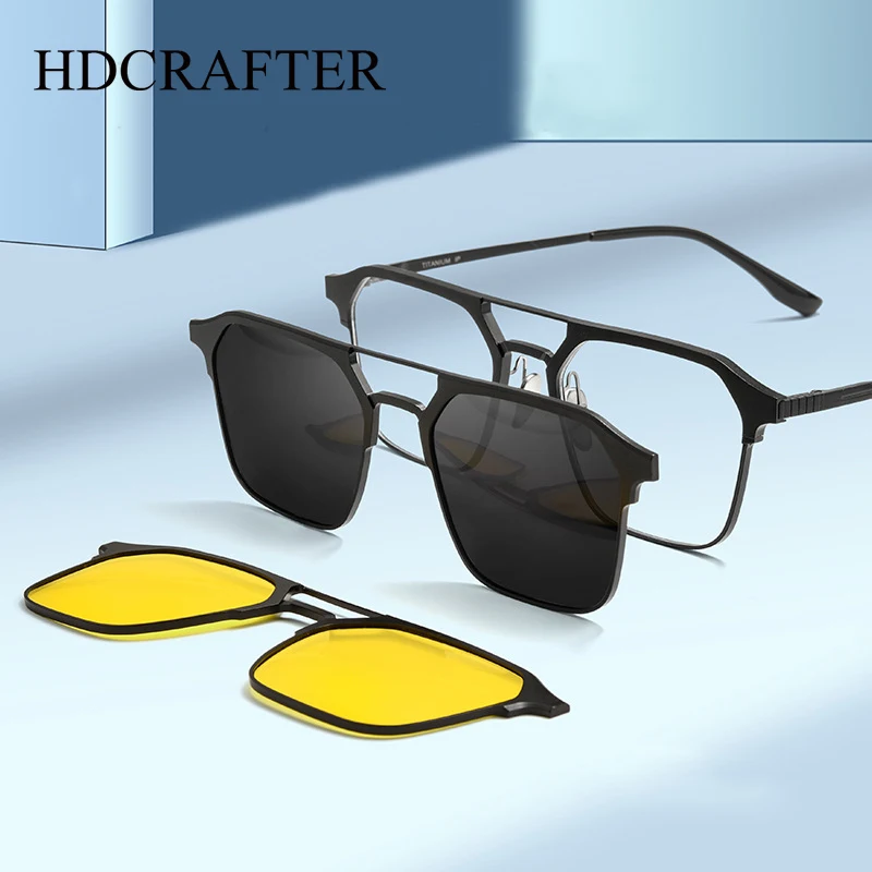 

HDCRAFTER 3 in 1 Men Retro Square Pure Titanium Eyewear Frame Magnetic Clip On Sun Glasses Optical Prescription Eyeglasses Frame