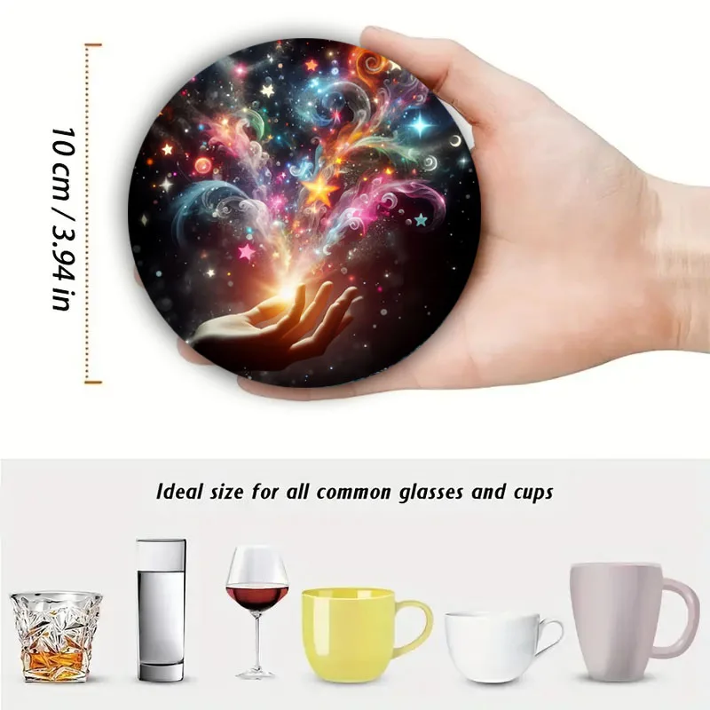 4 Fireworks pattern printed coasters, suitable for daily family party decoration, office, non-slip wooden coasters holiday gifts